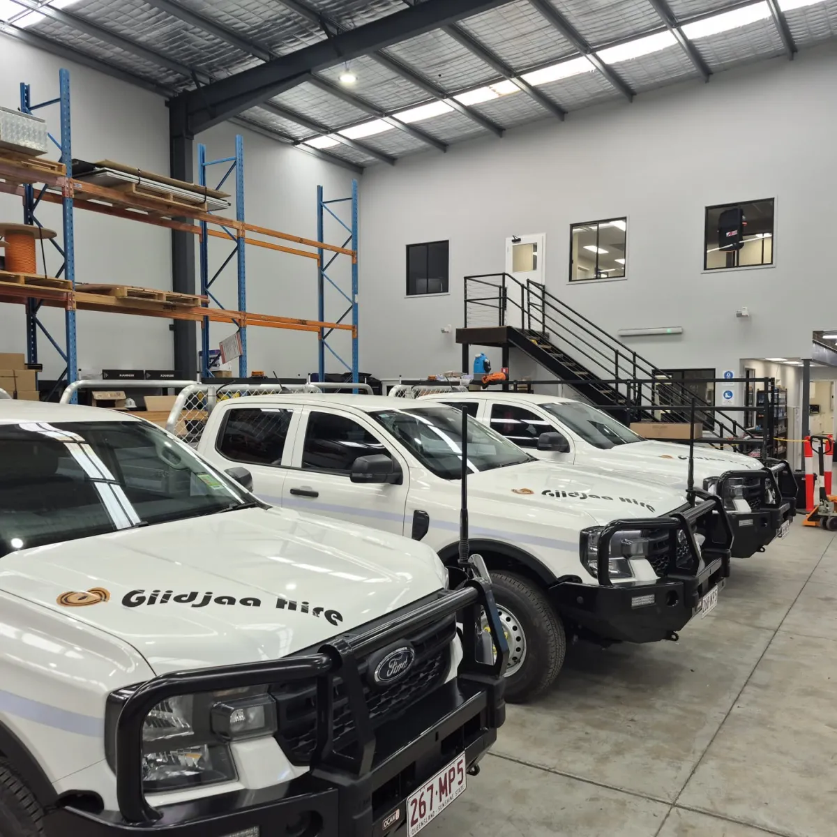 Giidjaa Hire branded Rangers lined up in the workshop